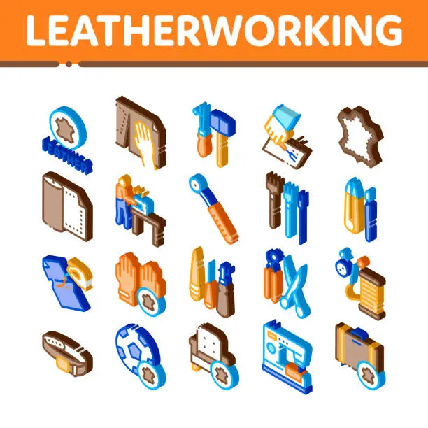 Vector illustration of Leatherworking Job Isometric Icons Set Vector