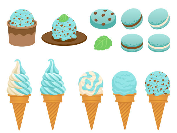 Mint flavored sweets illustration set Mint flavored sweets illustration set (chocolate mint ice cream, soft serve ice cream, cookie, macaron, mint leaf) blue cup stock illustrations