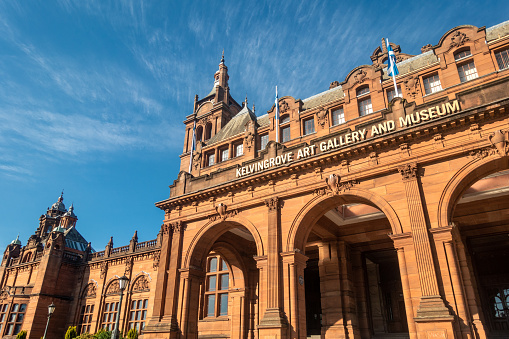 Glasgow, Scotland - A sign over the main entrance to the Kelvingrove Art Gallery and Museum in the city's West End.