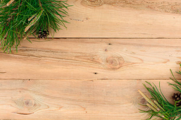 istock Christmas flatlay on a rustic wooden background: green pine needles with cones. 1251476635