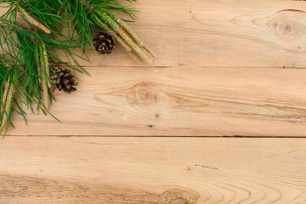 istock Christmas flatlay on a rustic wooden background: green pine needles with cones. 1251476636