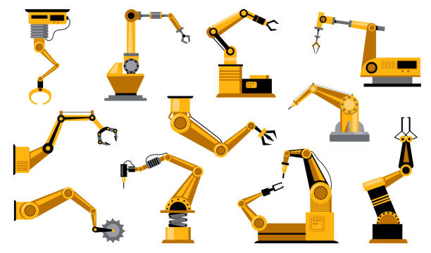 ilustraciones, imágenes clip art, dibujos animados e iconos de stock de varios brazos de robots de fabricación - variation meeting work tool isolated