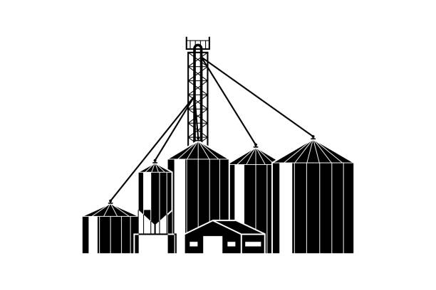 Grain elevator Warehouse with silos for grain storage black design isolated on white background. Vector illustration granary stock illustrations
