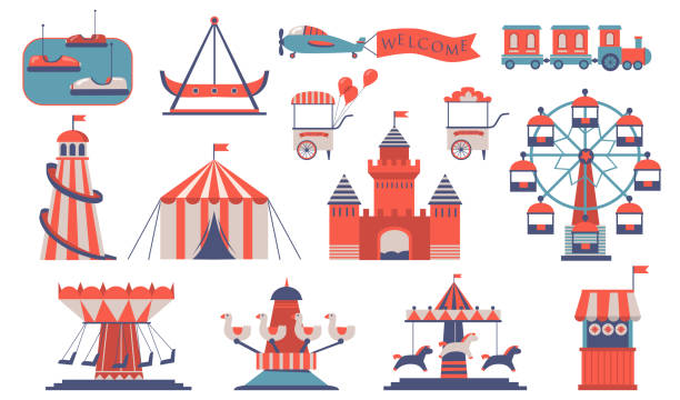 różne rozrywki i karuzele - ferris wheel carnival wheel amusement park ride stock illustrations