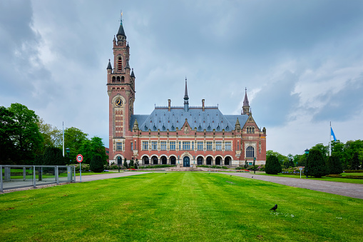 The Peace Palace international law administrative building in The Hague, the Netherlands houses the International Court of Justice.