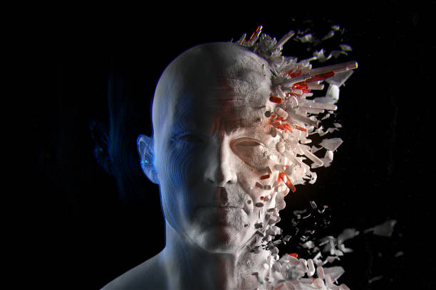 istock 3d render of biohacking concept. At left a young man and old man at the right. Split face. Pills and particles. 1251480880