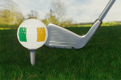 Concept of golf in Ireland with the national flag on a golf ball.