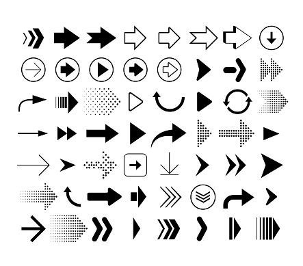 Collection of different shape arrows. Set of arrows icons isolated on white background. Vector signs