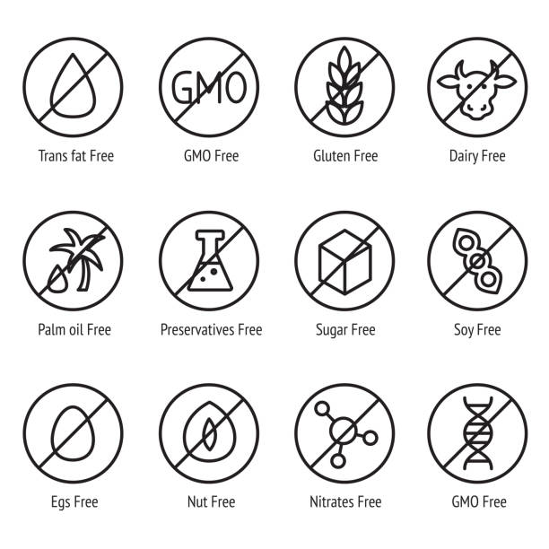 Warning icons for products. Signs inform about the absence of sugar, gluten, preservatives, dairy products. GMO free. Non genetically modified foods. Vector set of linear icons isolated on white background. Warning icons for products. Signs inform about the absence of sugar, gluten, preservatives, dairy products. GMO free. Non genetically modified foods. Vector set of linear icons modified icon stock illustrations