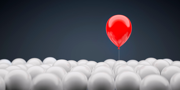 Red Balloon over a Group of white Balloons with dark background - 3D illustration