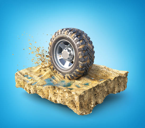 внедорожное колесо на куске земли на синем фоне. 3d иллюстрация - wet clay стоковые фото и изображения