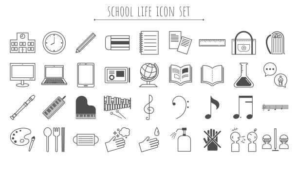 ilustrações de stock, clip art, desenhos animados e ícones de icon set of school life - globe keyboard