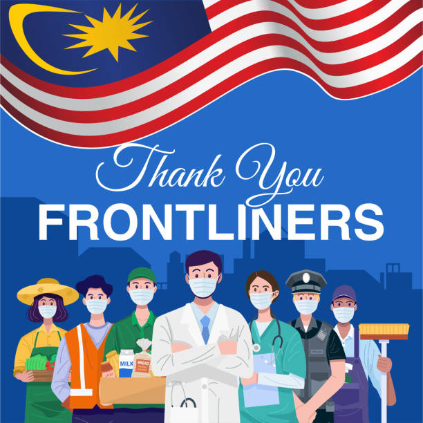 フロントライナーありがとうございます。マレーシアの旗を掲げ、様々な職業の人々。ベクトル - 必要不可欠なサービス点のイラスト素材／クリップアート素材／マンガ素材／アイコン素材