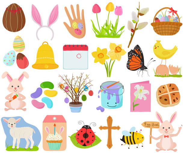 Vector set of Easter holiday, spring season in cute colorful theme. Collection of animal, flower, food icons in pastel color Vector set of Easter holiday, spring season in cute colorful theme. Collection of animal, flower, food icons in pastel color on white background. pics of a cross easter lilies stock illustrations
