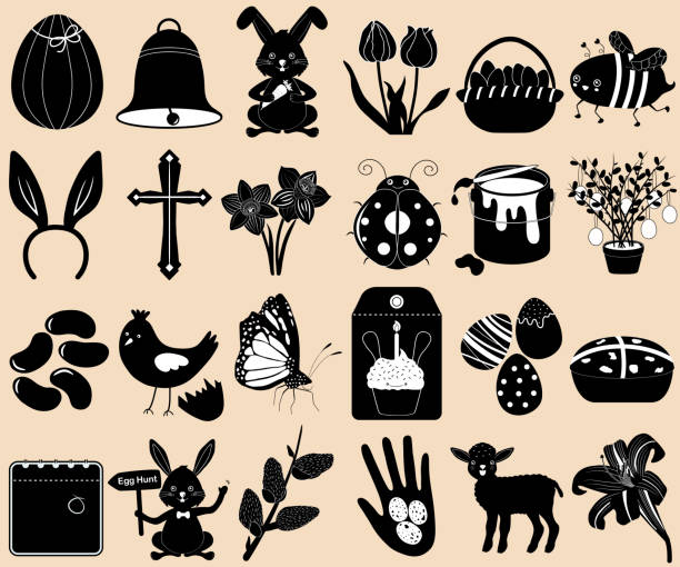 ilustraciones, imágenes clip art, dibujos animados e iconos de stock de vector silueta conjunto de vacaciones de pascua, temporada de primavera en tema colorido lindo. colección de iconos animales, flores, alimentos en color negro - daffodil easter egg hunt easter easter egg