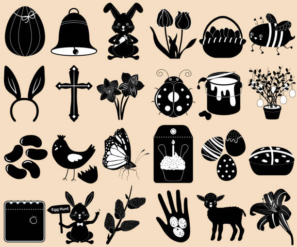 ilustrações de stock, clip art, desenhos animados e ícones de vector silhouette set of easter holiday, spring season in cute colorful theme. collection of animal, flower, food icons in black color - easter lily lily white backgrounds
