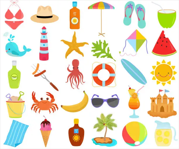 Vector illustration of Vector of Summer season set, seasonal decoration theme in flat design illustration. Bundle of cute colorful icon collection on white background.