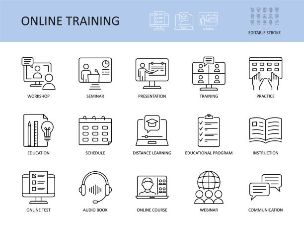 Online training vector icons. Set with editable stroke. Workshop practice guide instruction. Calendar schedule education seminar presentation test communication webinar course audio book Online training vector icons. Set with editable stroke. Workshop practice guide instruction. Calendar schedule education seminar presentation test communication webinar course audio book. virtual classroom icon stock illustrations