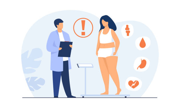 Fat patient visiting doctor Fat patient visiting doctor. Woman suffering from overweight, obesity, heart disease, having diabetes risk. Can be used for health problem, lifestyle, medical help concept weight illustrations stock illustrations