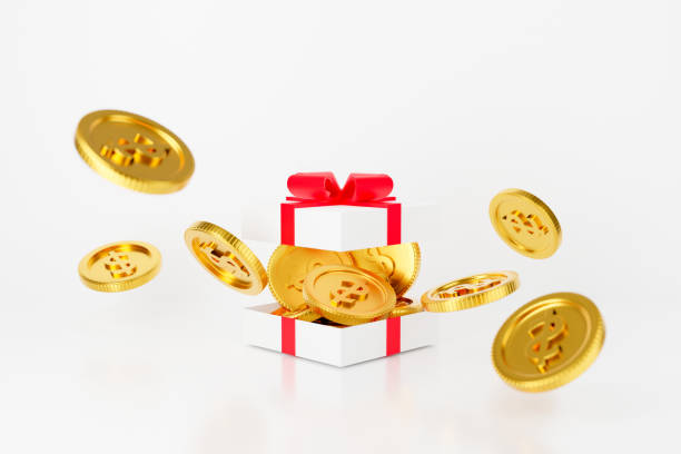 3d confezione regalo denaro dollari monete con fiocco rosso. sorpresa all'interno della confezione regalo aperta isolata su sfondo bianco. 3d per il profitto pecuniario e il concetto monetario. natale e capodanno. - currency perks gift bow foto e immagini stock