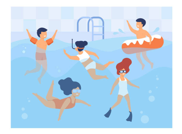 ilustrações, clipart, desenhos animados e ícones de crianças felizes nadando na piscina - boia equipamento de desporto aquático