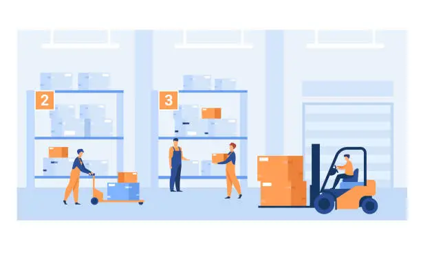 Vector illustration of Logistic workers carrying boxes with loaders