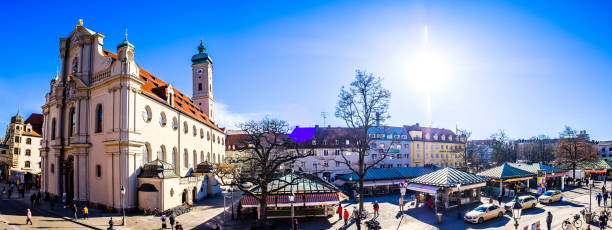 Munich, Germany - February 6: sales stands with fruits and vegetables of the famous Viktualienmarkt in munich on February 6, 2020