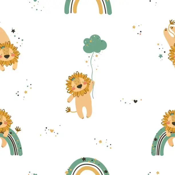 Vector illustration of Seamless pattern with cute character lion and rainbow.