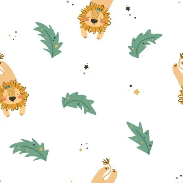 Vector illustration of Seamless pattern with cute character lion and leaf.