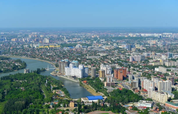 Top view of the city Krasnodar and Kuban river Top view of the city Krasnodar and Kuban river, Russia krasnodar stock pictures, royalty-free photos & images