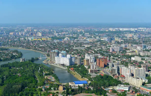 Top view of the city Krasnodar and Kuban river, Russia