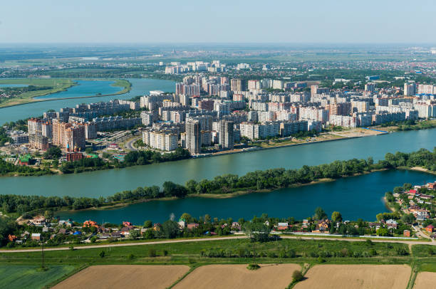 Top view of the city Krasnodar and Kuban river, Russia - fotografia de stock