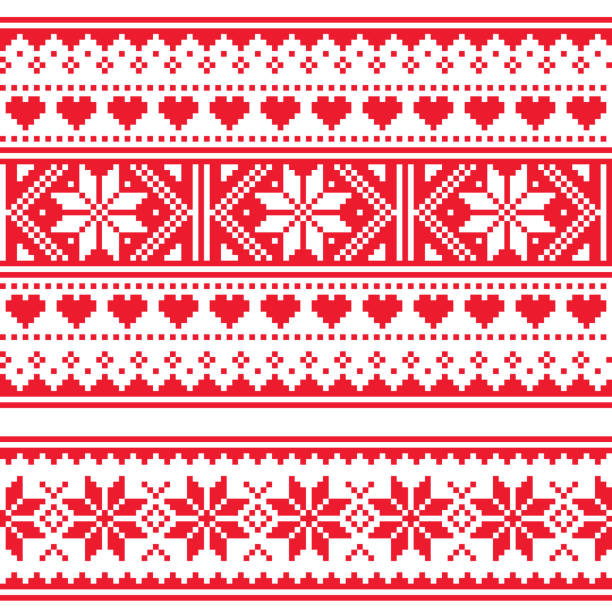 Scottish Fair Isle style traditional knitwear vector two seamless patterns, retro Shtelands knit repetitive designs with snowflakes and hearts Retro textile folk art background inspired by traditional patterns from Scotalnd, Great Britian in red and white christmas pattern pixel stock illustrations