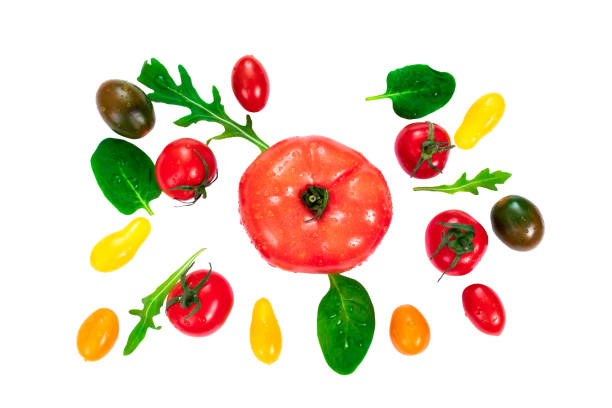 istock Fresh colorful cherry tomatoes, arugula leaves and basil on white background 1251499684