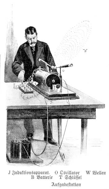 mann sendet nachricht mit funkfunkübertragung 1899 - wireless telegraphy stock-grafiken, -clipart, -cartoons und -symbole