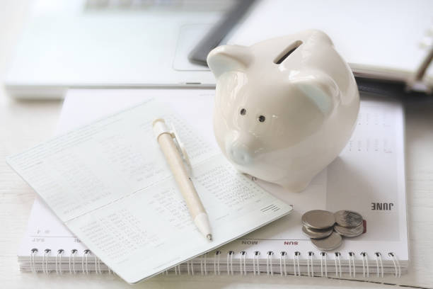 White pig piggy bank, baht money, saving concept, saving stock photo