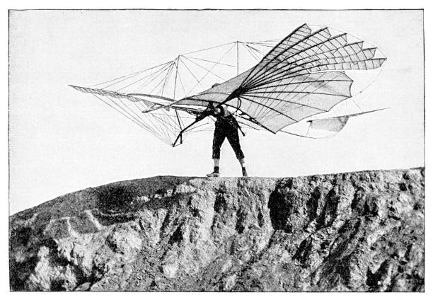 ilustrações de stock, clip art, desenhos animados e ícones de engineer otto lilienthal with glider flying machine 1895 - vintage vehicle