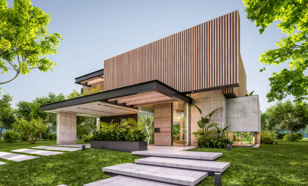 istock 3d rendering of modern house with wood plank facade in evening 1251506428