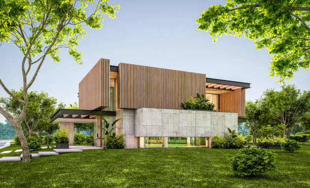 istock 3d rendering of modern house with wood plank facade in evening 1251506434