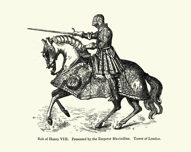 illustrazioni stock, clip art, cartoni animati e icone di tendenza di cavallo e cavaliere corazzati, inizio xvi secolo - henry viii tudor style king nobility
