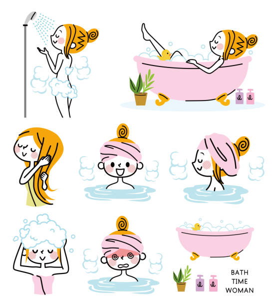 illustration satz von einer frau, die ein bad. - bathtub asian ethnicity women female stock-grafiken, -clipart, -cartoons und -symbole