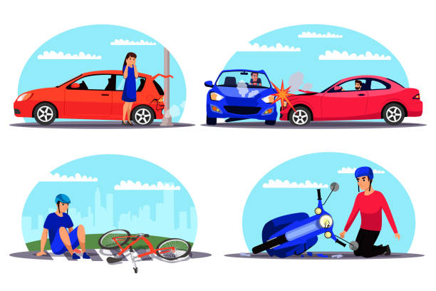 Vector character illustration traffic accident set Traffic accident set. Woman standing near damaged auto, crashed to street lighting pole. Driver crash collision of two cars. Broken moped. Cyclist fell off bicycle at crosswalk. Vector illustration car crash accident cartoon stock illustrations