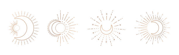 Sun and moon line art clipart. Outline sun logo, moon tattoo. Vector sun and moon line design. Outline suns symbols, moon element icon set isolated on white background. moon stock illustrations