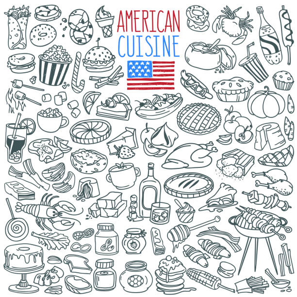 American cuisine doodles set. Traditional food and drinks. Hand drawn vector illustration isolated on white background buffet illustrations stock illustrations