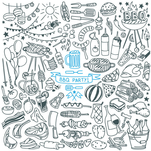 barbekü partisi doodle seti. yiyecek, içecek, malzeme ve dekorasyon elemanları. - eğlence illüstrasyonlar stock illustrations