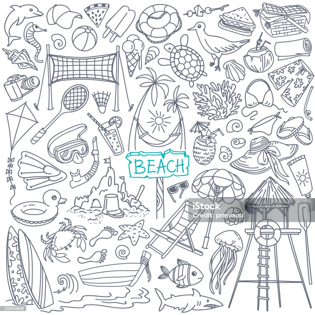 Summer beach doodle set. Seaside sport activities - surfing, volley, diving, swimming, sun tanning. Hand drawn vector illustration isolated on white background Doodle stock vector