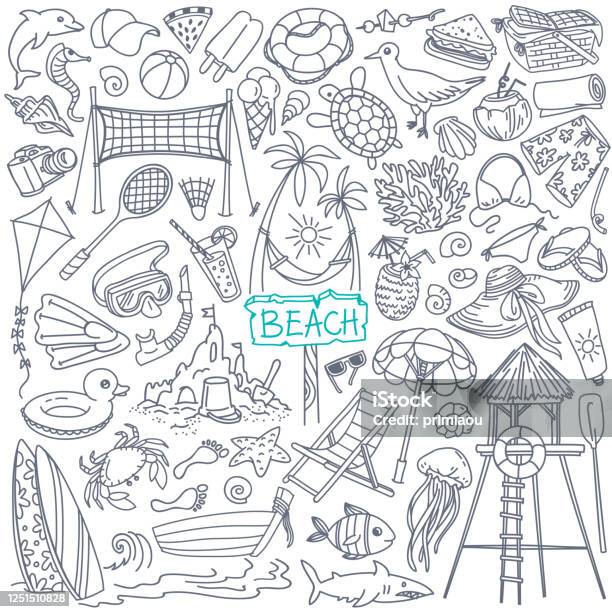 Summer Beach Doodle Set Seaside Sport Activities Surfing Volley Diving Swimming Sun Tanning Stock Illustration - Download Image Now