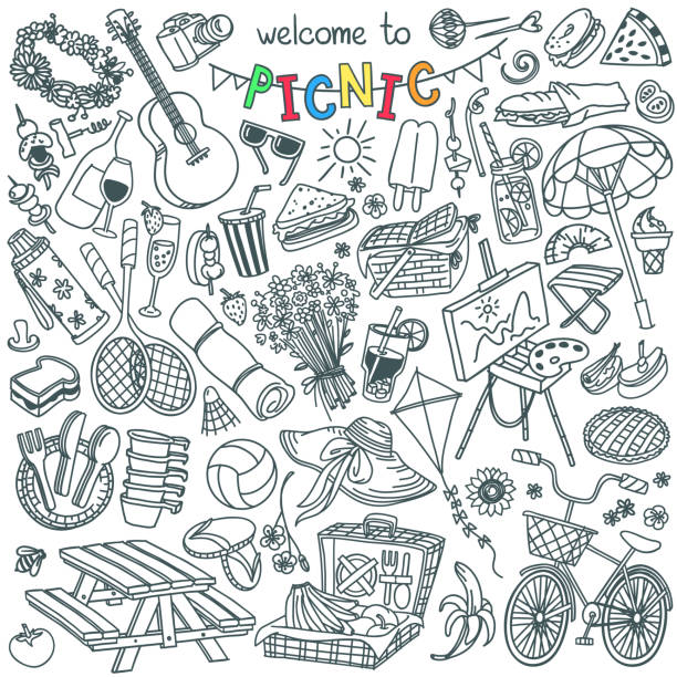Summer picnic doodle set. Food, drinks, sport and outdoor activities. Hand drawn vector illustration isolated on white background drawing of a picnic table icon stock illustrations