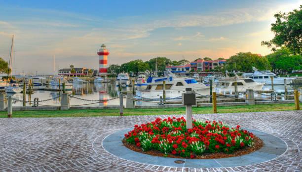 Hilton Head Island-Harbor Town Yacht Basin-Marina-At sunrise Hilton Head Island-Harbor Town Yacht Basin-Marina-At sunrise hilton head photos stock pictures, royalty-free photos & images