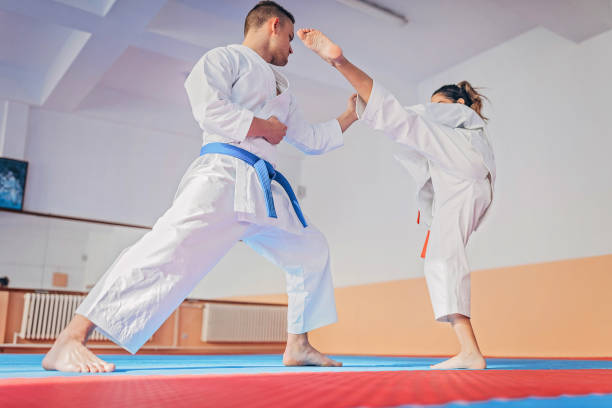 istock Woman and man training karate indoors 1251511095